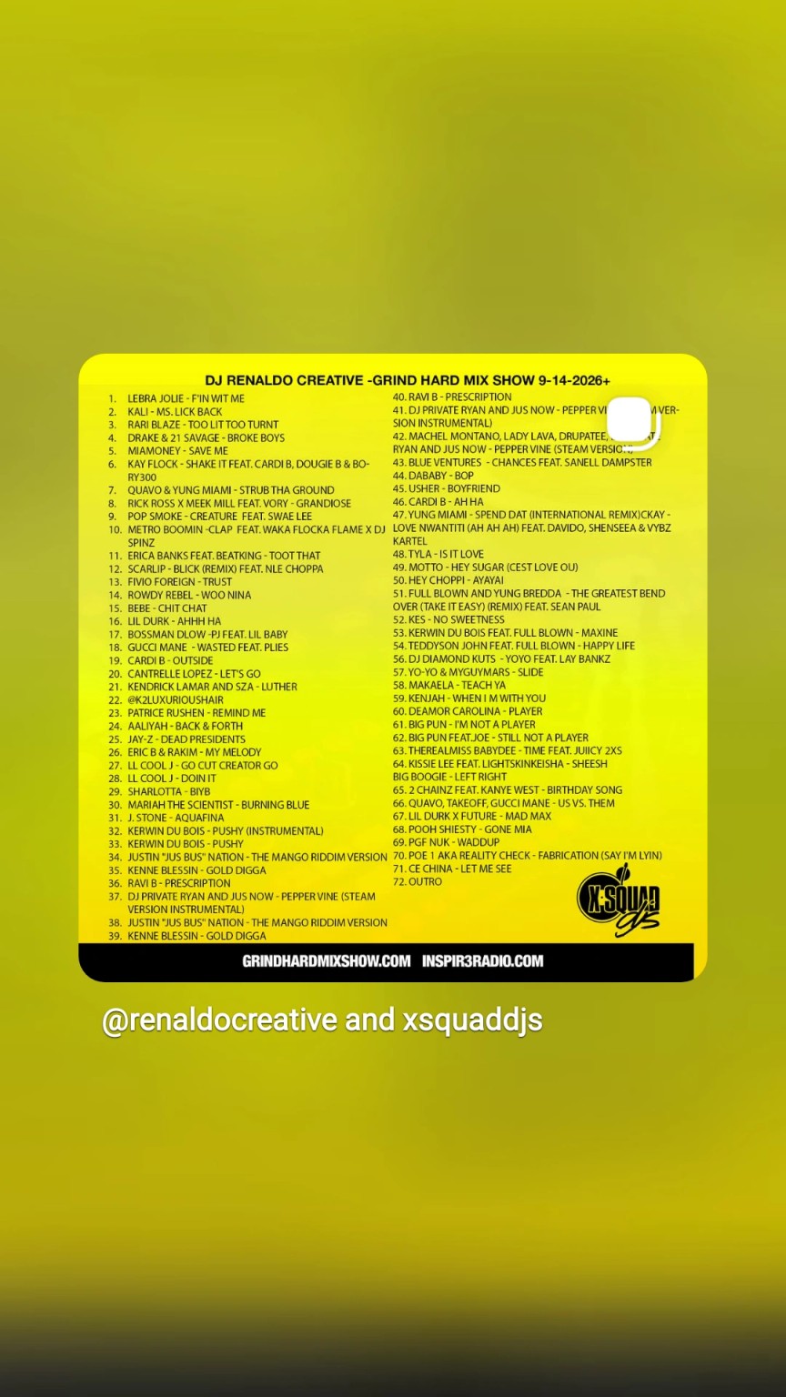 DJ Renaldo Creative — Grind Hard Mix Show tracklist for September 14, 2026